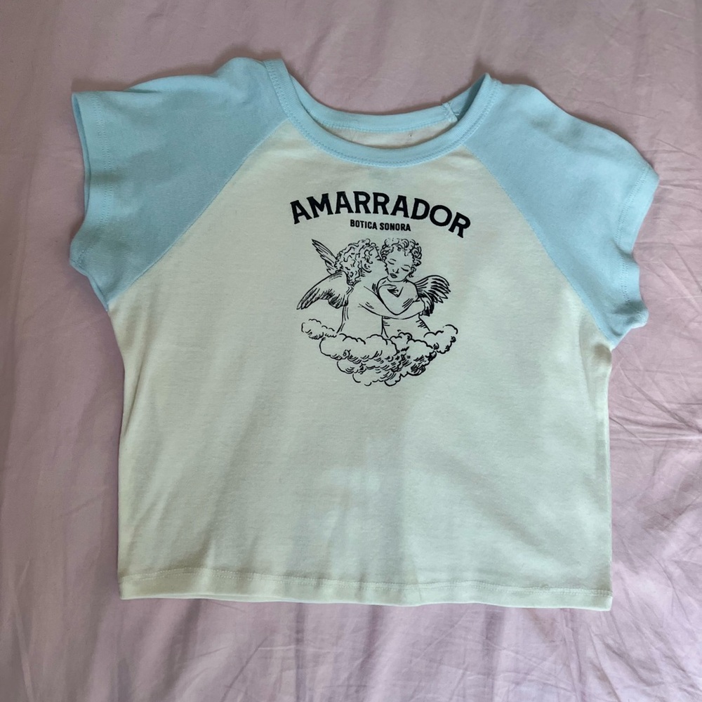 Angel Print Blue and Cream Crop Top